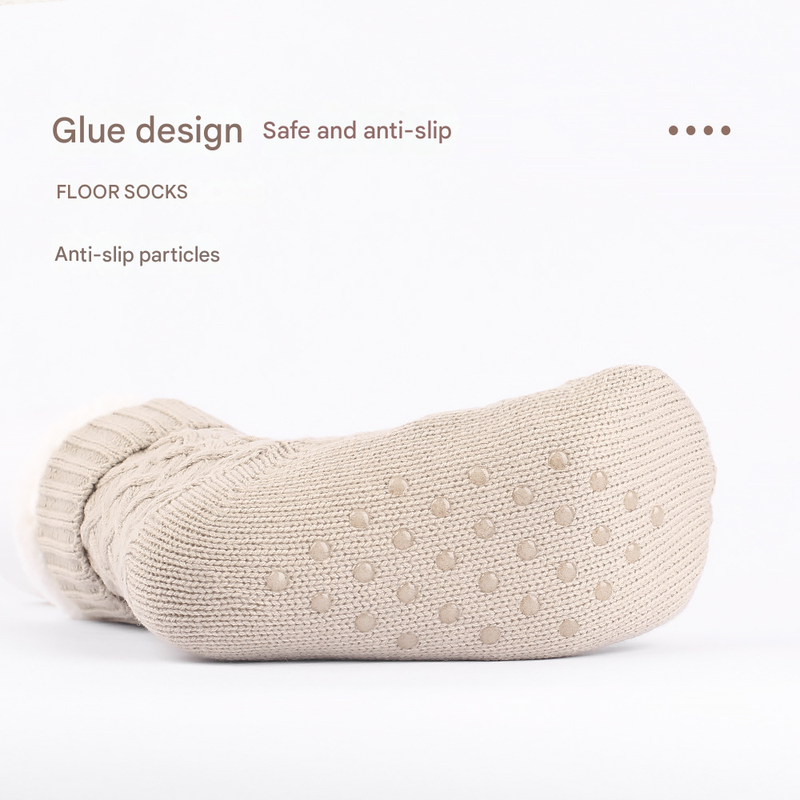 Khaki Women's Cozy Cable Knit Slipper Socks - Plush Fleece Lined Thermal Socks with Non-Slip Grips