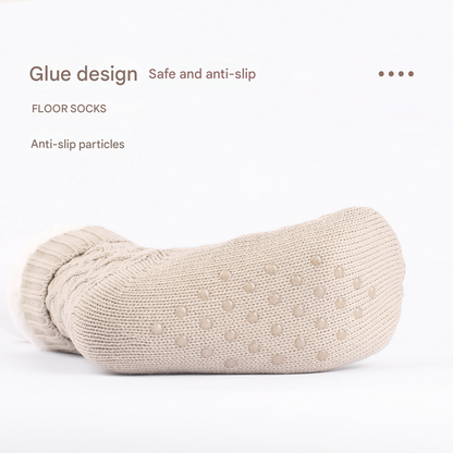 Khaki Women's Cozy Cable Knit Slipper Socks - Plush Fleece Lined Thermal Socks with Non-Slip Grips