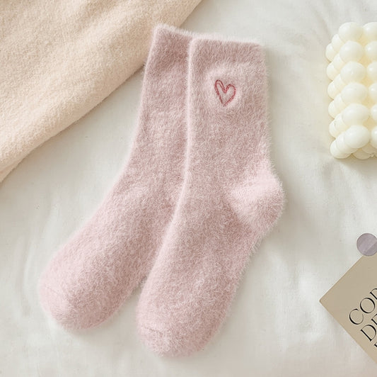 2-Piece Pale Pink Women's Ultra-Soft Fuzzy Socks - Plush Chenille Thermal Crew Socks with Heart Embroidery