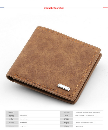 2-Piece Black Men's Vintage Style Bifold Wallet | High-Capacity PU Leather with Removable Card Holder & Zip Coin Pocket