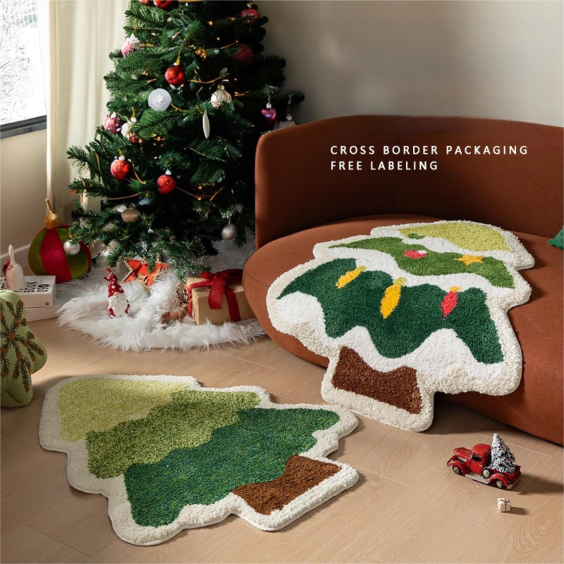Green Christmas tree style Festive Christmas Shaped Floor Mat - Plush Non-Slip Holiday Accent Rug(Style 2)