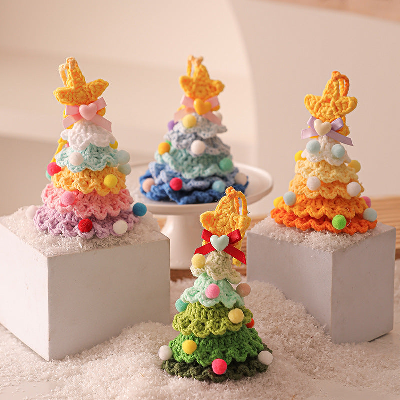 2 Pcs Handmade Crochet Christmas Tree Ornament - Plush Knitted Decoration with Bell - Ideal for Home, Car & Holiday Decor(Style A)