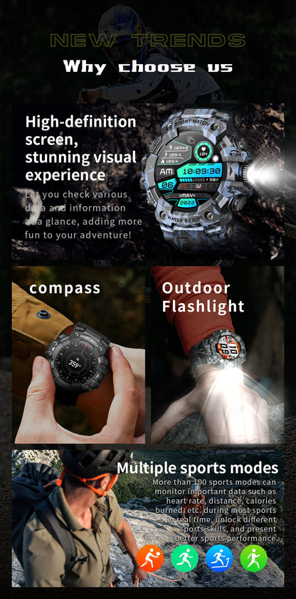 Rugged Outdoor Sport Smartwatch - HD Display, Compass, Flashlight, 100+ Sports Modes, Health Monitoring & Bluetooth Calls(Illusion blue)