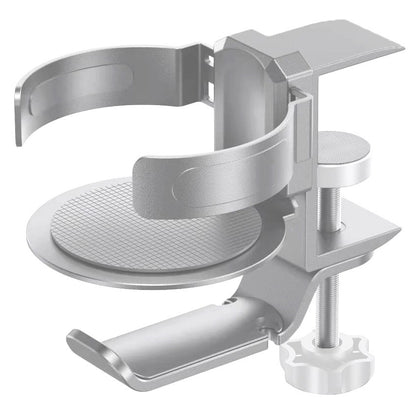 Two desktop clip-on cup holders and headphone hanger - adjustable, non-slip silicone, maximum load 15KG(silver)
