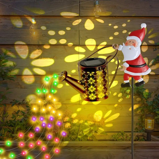 Colorful lights Solar Powered Santa Claus Garden Stake Light with Metal Watering Can - Colourful LED Waterfall Effect - Outdoor Christmas Decoration for Yards and Pathways - 82cm Height