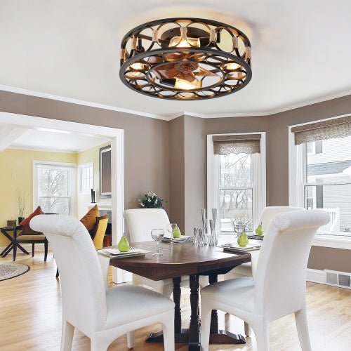 Cage Ceiling Fan With Light Remote Control, Low-profile Built-in Farmhouse Modern Ceiling Fan, 6 Speed Reversible Blades, Including 5 LED Bulbs