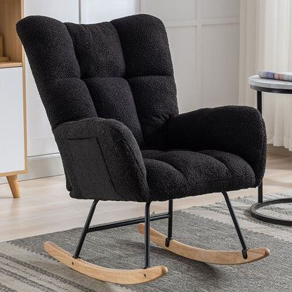 Rocking Chair With Pocket, Soft Teddy Fabric Rocking Chair For Nursery, Comfy Wingback Golider Rocking Chair With Safe Solid Wood Base For Living Room Bedroom Balcony