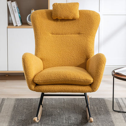 35.5 Inch Rocking Chair With Pocket, Soft Teddy Fabric Rocking Chair For Nursery, Comfy Wingback Glider Rocker With Safe Solid Wood Base For Living Room Bedroom Balcony