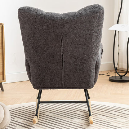 Rocking Chair With Pocket, Soft Teddy Fabric Rocking Chair For Nursery, Comfy Wingback Golider Rocking Chair With Safe Solid Wood Base For Living Room Bedroom Balcony