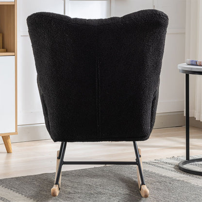 Rocking Chair With Pocket, Soft Teddy Fabric Rocking Chair For Nursery, Comfy Wingback Golider Rocking Chair With Safe Solid Wood Base For Living Room Bedroom Balcony