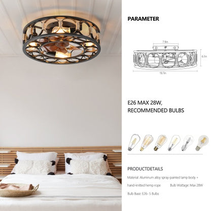 Cage Ceiling Fan With Light Remote Control, Low-profile Built-in Farmhouse Modern Ceiling Fan, 6 Speed Reversible Blades, Including 5 LED Bulbs