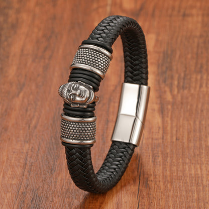 Buddha Sakyamuni Leather Stainless Steel Magnetic Clasp Black Brown Leather Strap Bracelet
