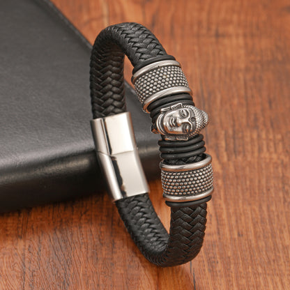 Buddha Sakyamuni Leather Stainless Steel Magnetic Clasp Black Brown Leather Strap Bracelet