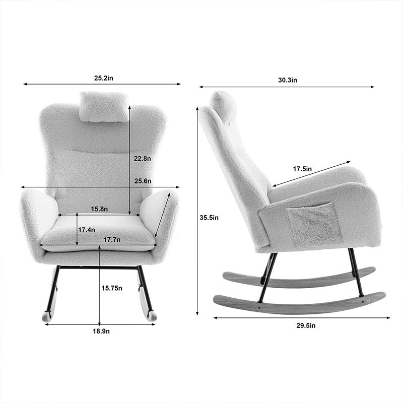 35.5 Inch Rocking Chair With Pocket, Soft Teddy Fabric Rocking Chair For Nursery, Comfy Wingback Glider Rocker With Safe Solid Wood Base For Living Room Bedroom Balcony