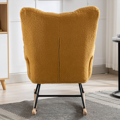 Rocking Chair With Pocket, Soft Teddy Fabric Rocking Chair For Nursery, Comfy Wingback Golider Rocking Chair With Safe Solid Wood Base For Living Room Bedroom Balcony