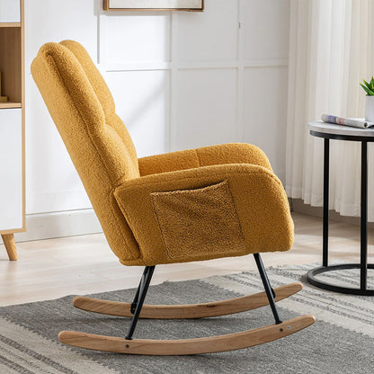 Rocking Chair With Pocket, Soft Teddy Fabric Rocking Chair For Nursery, Comfy Wingback Golider Rocking Chair With Safe Solid Wood Base For Living Room Bedroom Balcony