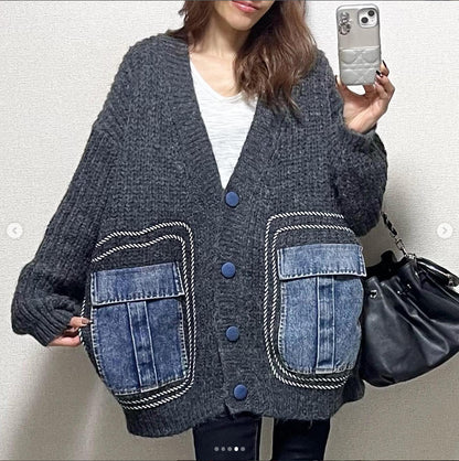 Women's Patchwork Denim Thick Sweater Coat