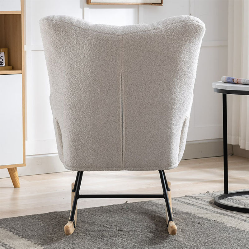 Rocking Chair With Pocket, Soft Teddy Fabric Rocking Chair For Nursery, Comfy Wingback Golider Rocking Chair With Safe Solid Wood Base For Living Room Bedroom Balcony