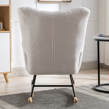 Rocking Chair With Pocket, Soft Teddy Fabric Rocking Chair For Nursery, Comfy Wingback Golider Rocking Chair With Safe Solid Wood Base For Living Room Bedroom Balcony