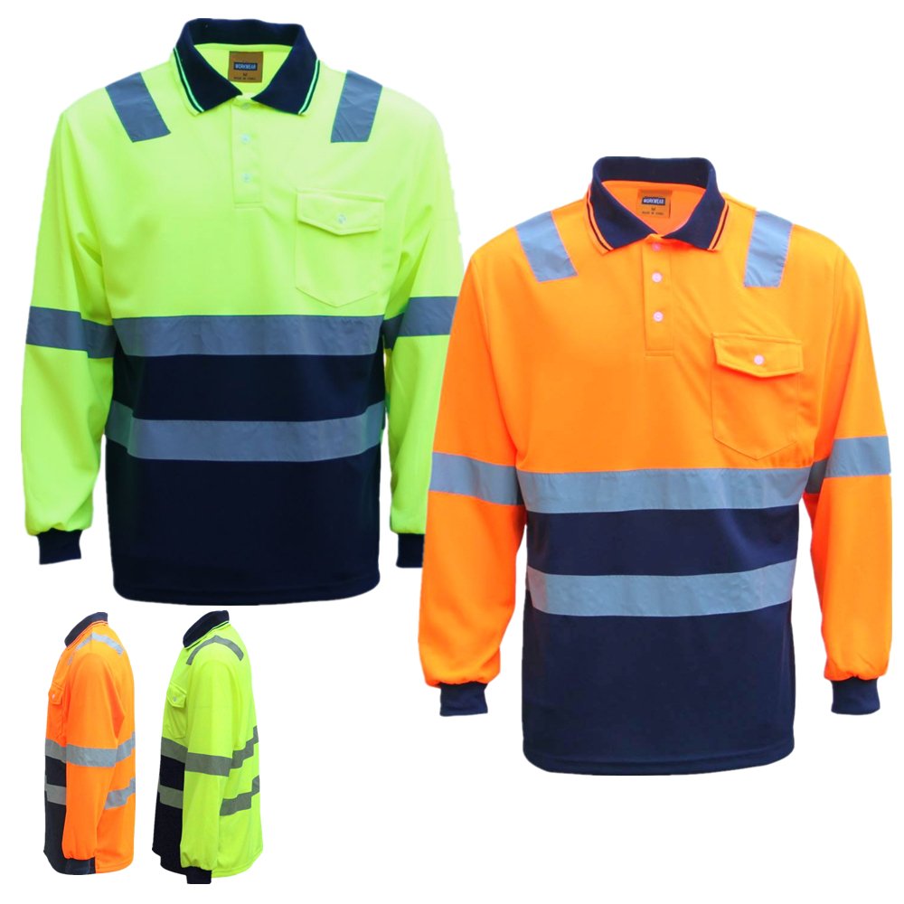 HI VIS Long Sleeve Workwear Shirt w Reflective Tape Cool Dry Safety Polo 2 Tone, Fluoro Yellow /Navy, 2XL