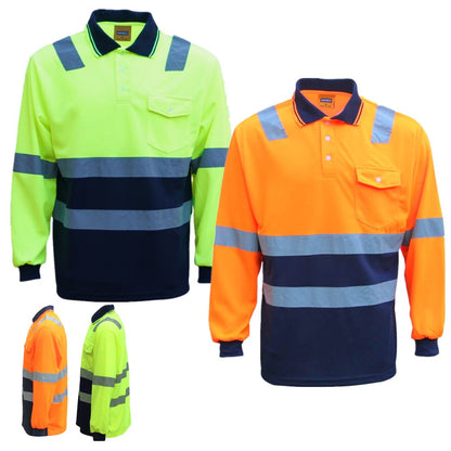 HI VIS Long Sleeve Workwear Shirt w Reflective Tape Cool Dry Safety Polo 2 Tone, Fluoro Yellow /Navy, 2XL