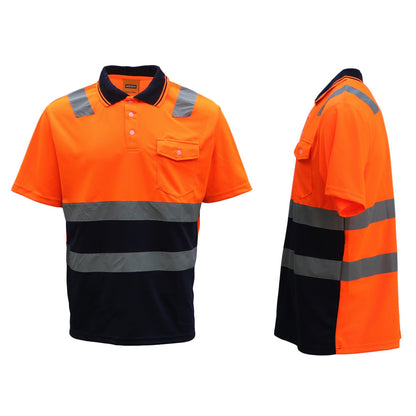HI VIS Short Sleeve Workwear Shirt w Reflective Tape Cool Dry Safety Polo 2 Tone, Fluoro Orange / Navy, XL