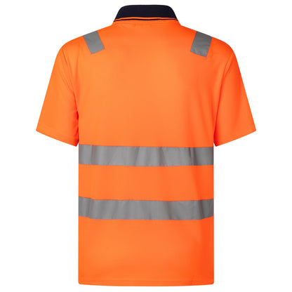 HI VIS Short Sleeve Workwear Shirt w Reflective Tape Cool Dry Safety Polo 2 Tone, Fluoro Orange / Navy, XL